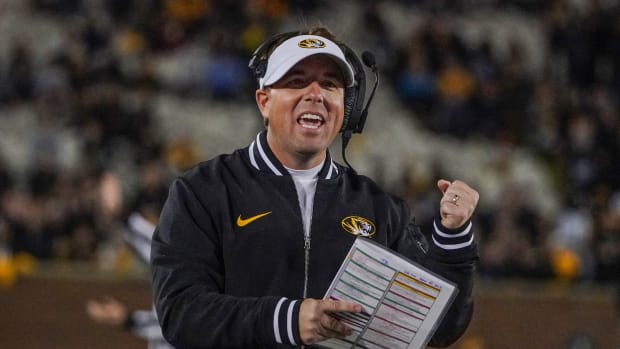 Missouri Tigers head coach Eli Drinkwitz reacts to a play against the Florida Gators during the first half at Faurot Field at Memorial Stadium.